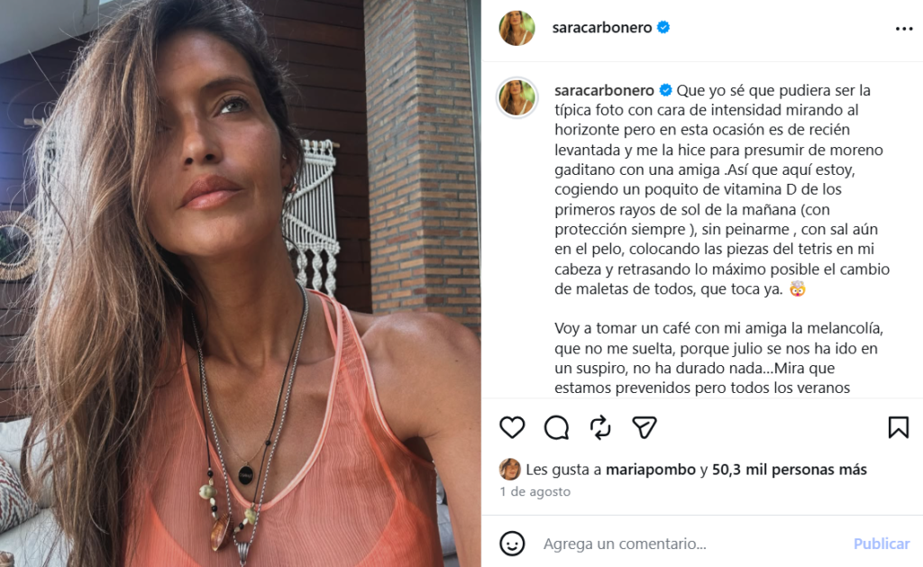 Publicación de Sara Carbonero en Instagram del 1 de agosto de 2026