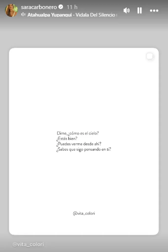 La historia de Instagram de Sara Carbonero con el texto «Dime, ¿cómo es el cielo?»