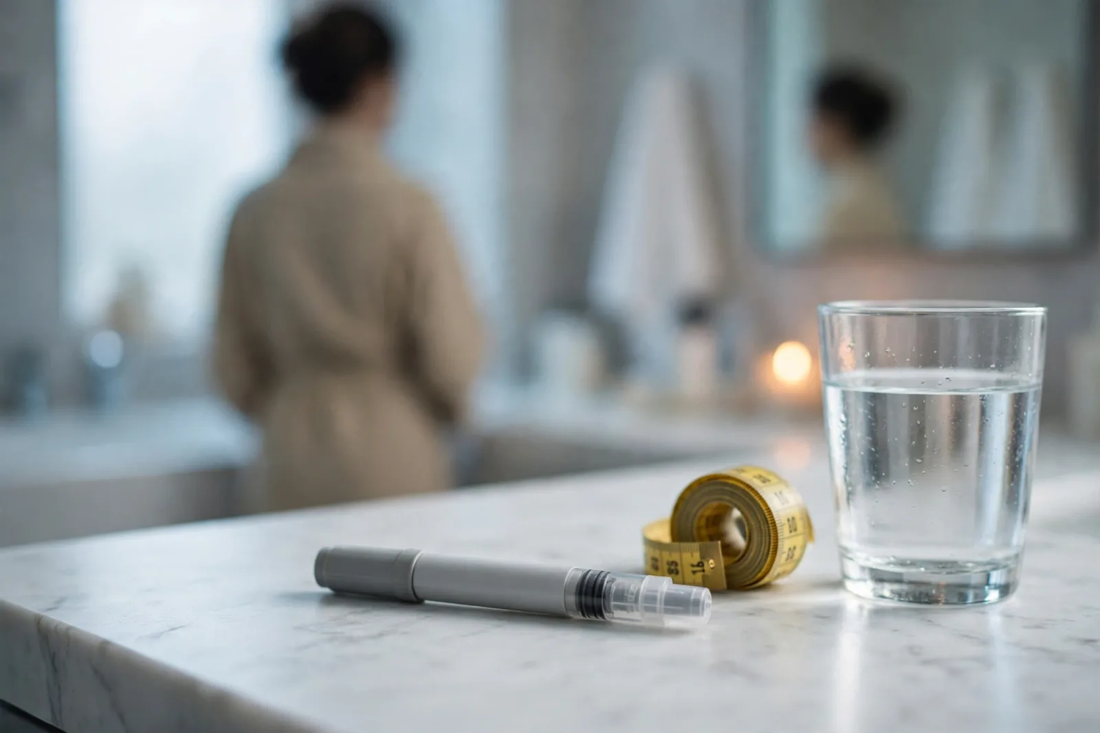 Bolígrafo inyector sin marca, una cinta métrica y un vaso de agua sobre la encimera de un baño, con una mujer de espaldas al fondo
