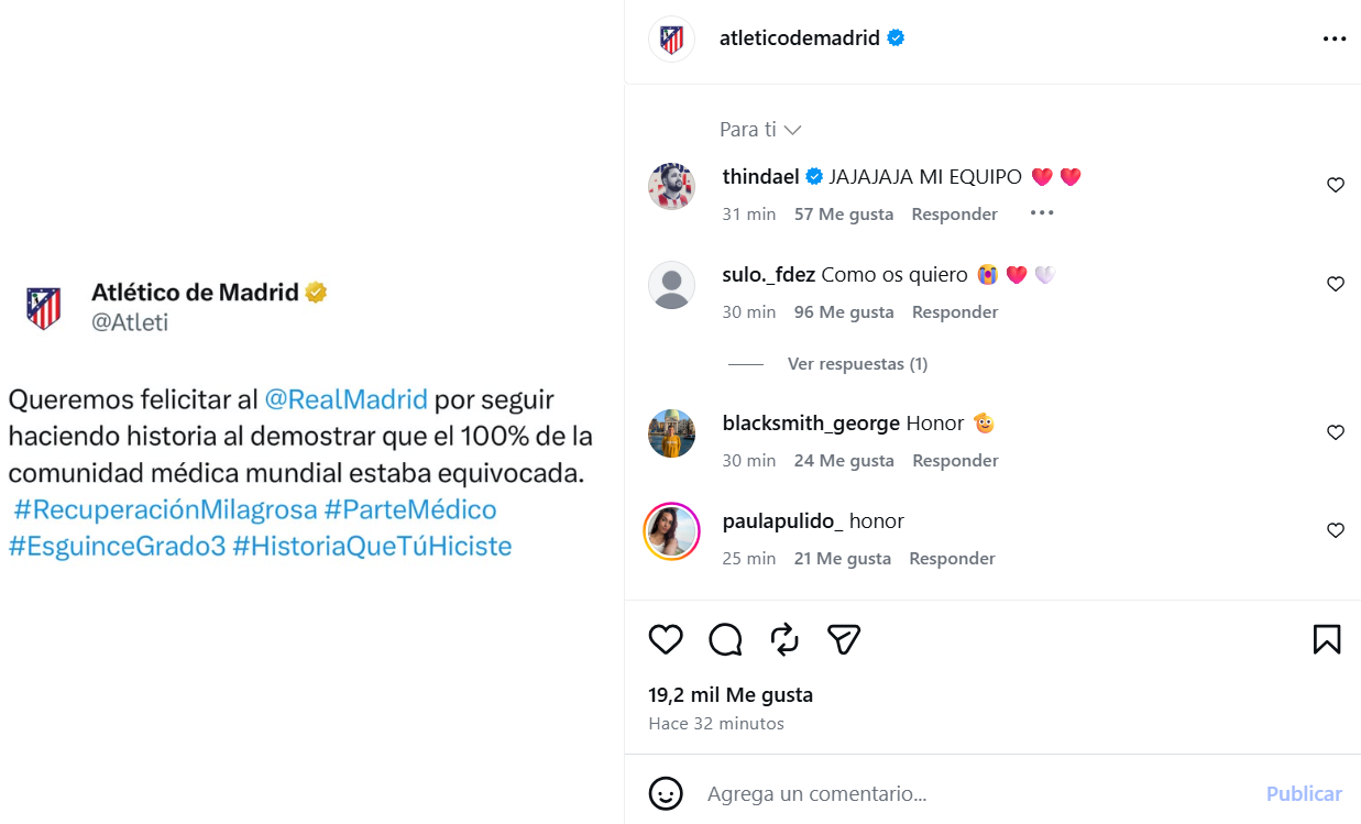 Publicación del Atlético de Madrid felicitando con ironía al Real Madrid por la recuperación de Valverde