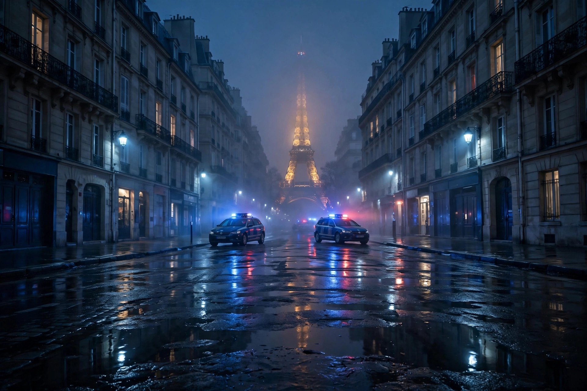 Calle de París de noche con coches de policía y la torre Eiffel al fondo