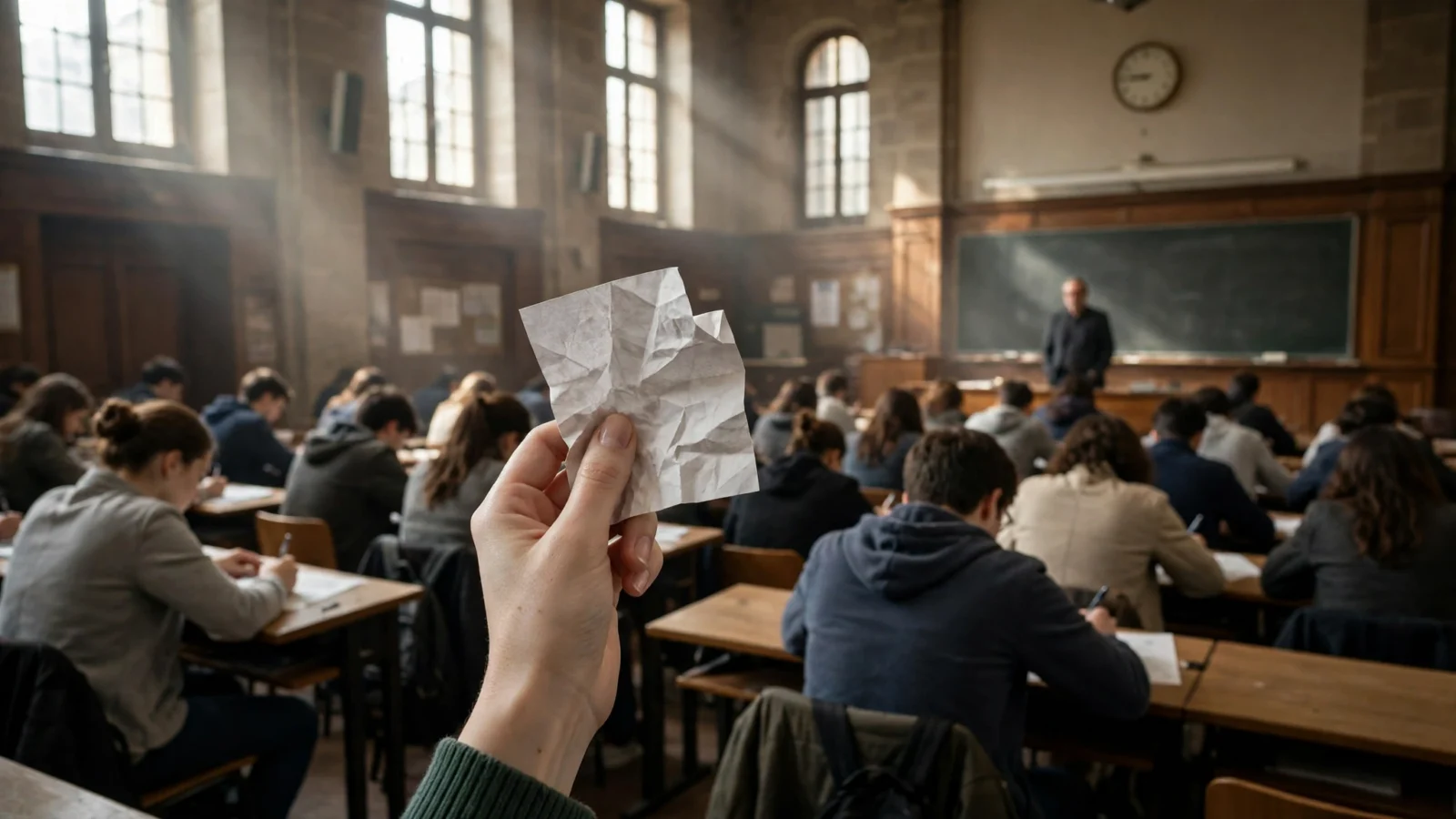 Una mano sostiene un papel arrugado en un aula universitaria durante un examen, con estudiantes escribiendo y un profesor junto a la pizarra