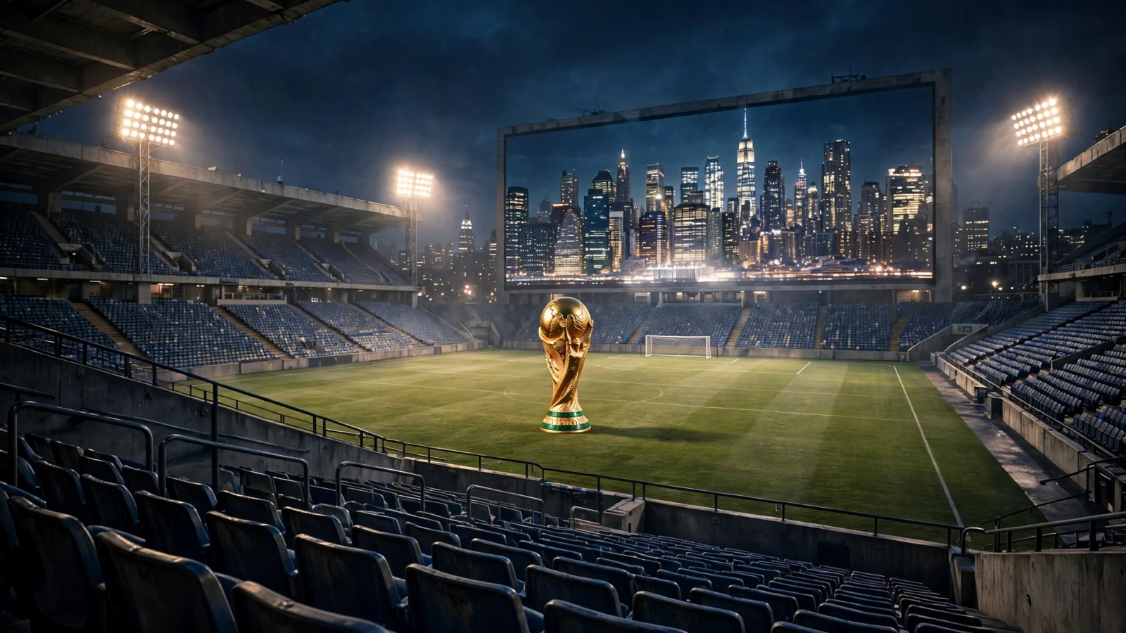Estadio de fútbol de noche con la copa del Mundial sobre el césped y una gran pantalla con el horizonte de Nueva York