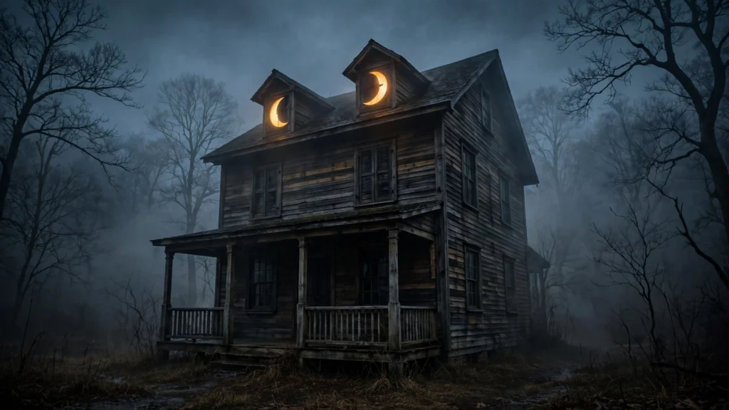 Casa de madera abandonada entre la niebla al anochecer, con dos ventanas iluminadas en forma de cuarto de luna en el tejado