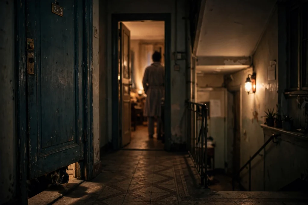 Rellano de un edificio de vecinos de noche, con una puerta cerrada en primer plano y un vecino en pijama a contraluz en la puerta de enfrente