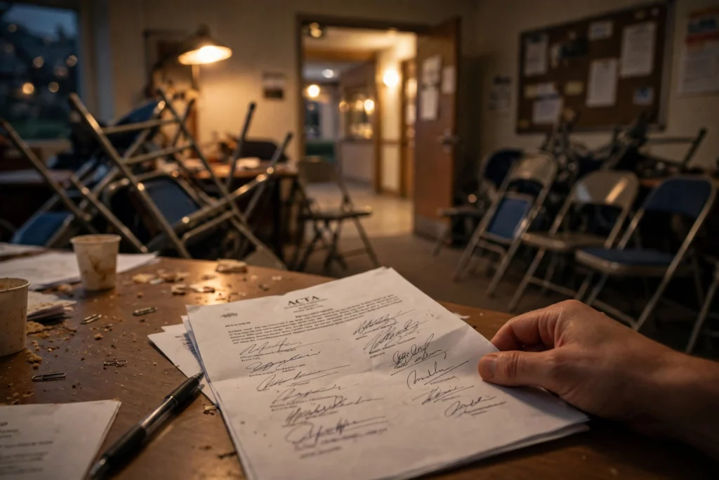 Acta firmada sobre una mesa tras una junta de vecinos, con sillas plegables al fondo