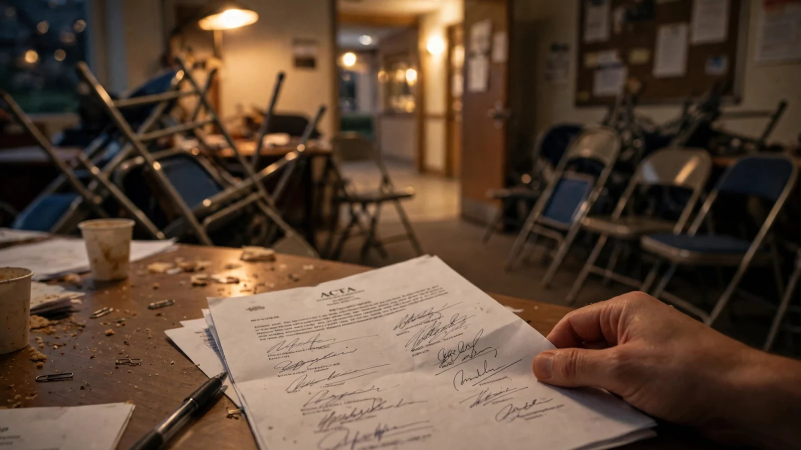 Acta firmada sobre una mesa tras una junta de vecinos, con sillas plegables al fondo