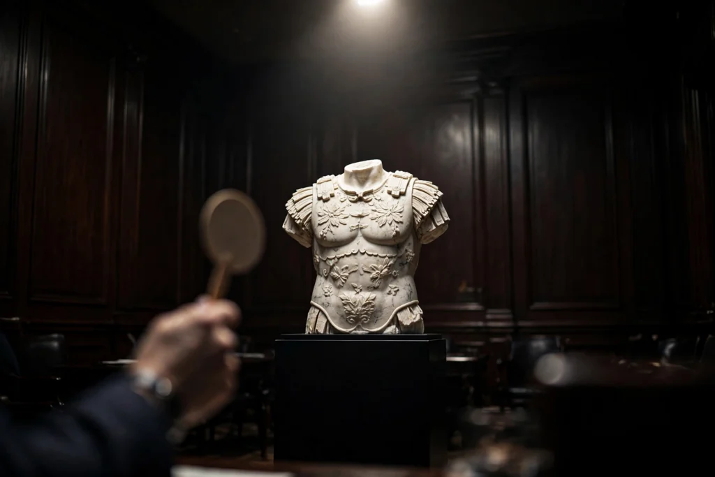 Torso de mármol de un emperador romano sin cabeza sobre un pedestal en una sala de subastas en penumbra