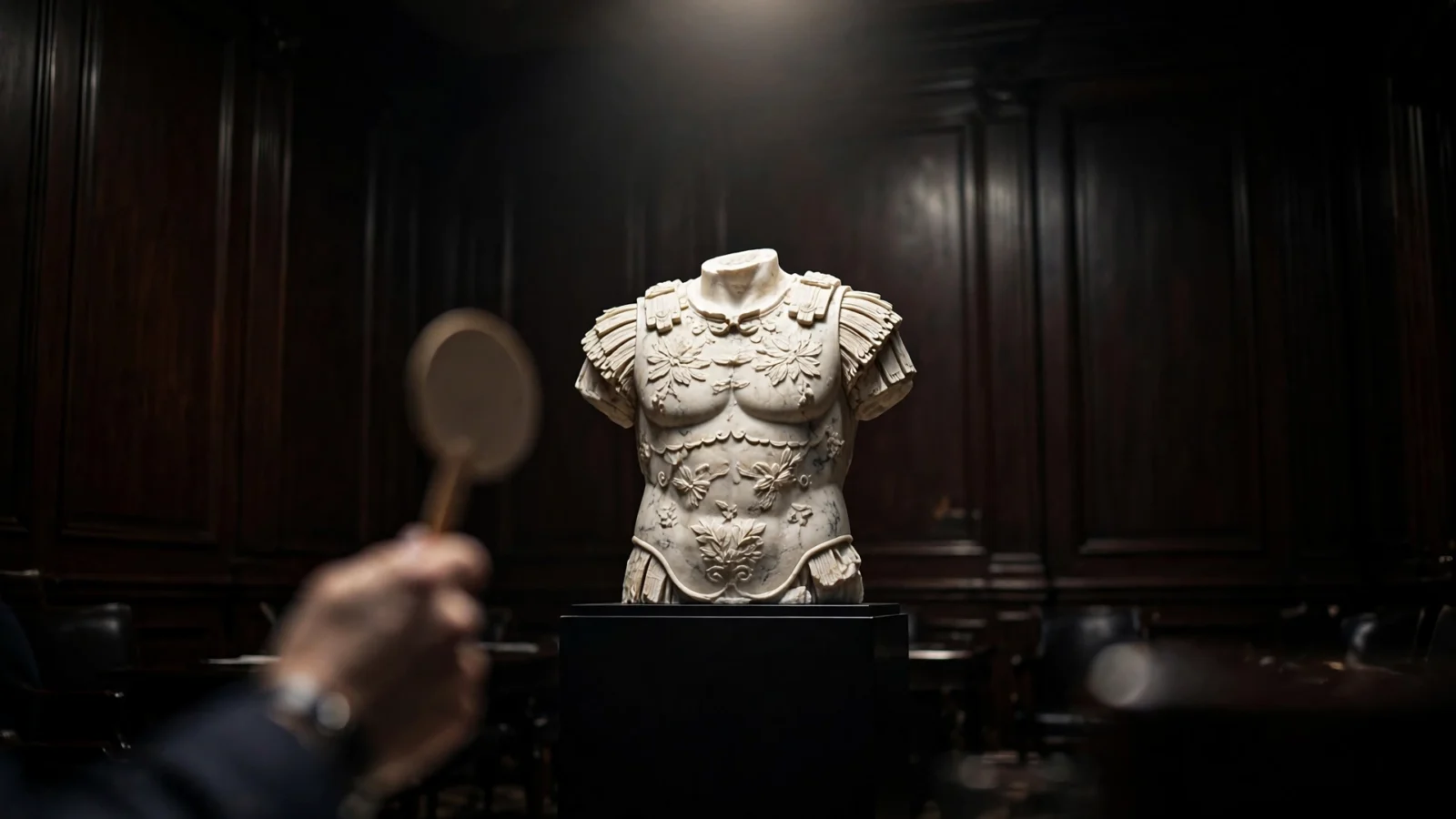 Torso de mármol de un emperador romano sin cabeza sobre un pedestal en una sala de subastas en penumbra