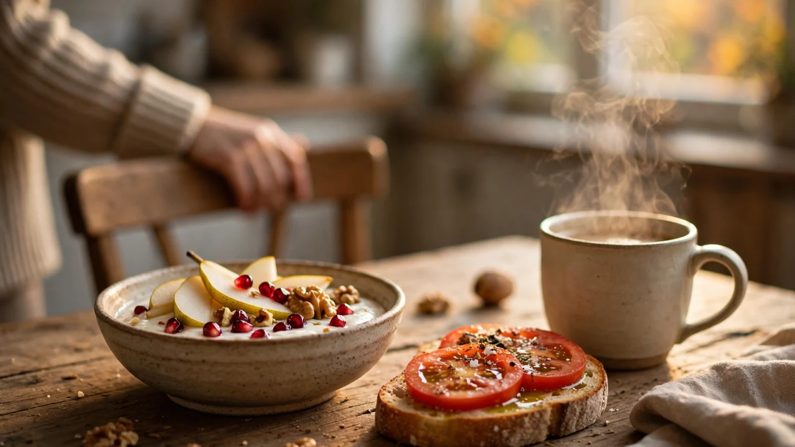 Mesa de desayuno junto a una ventana con luz de otoño: bol de yogur con fruta, tostada y una taza humeante