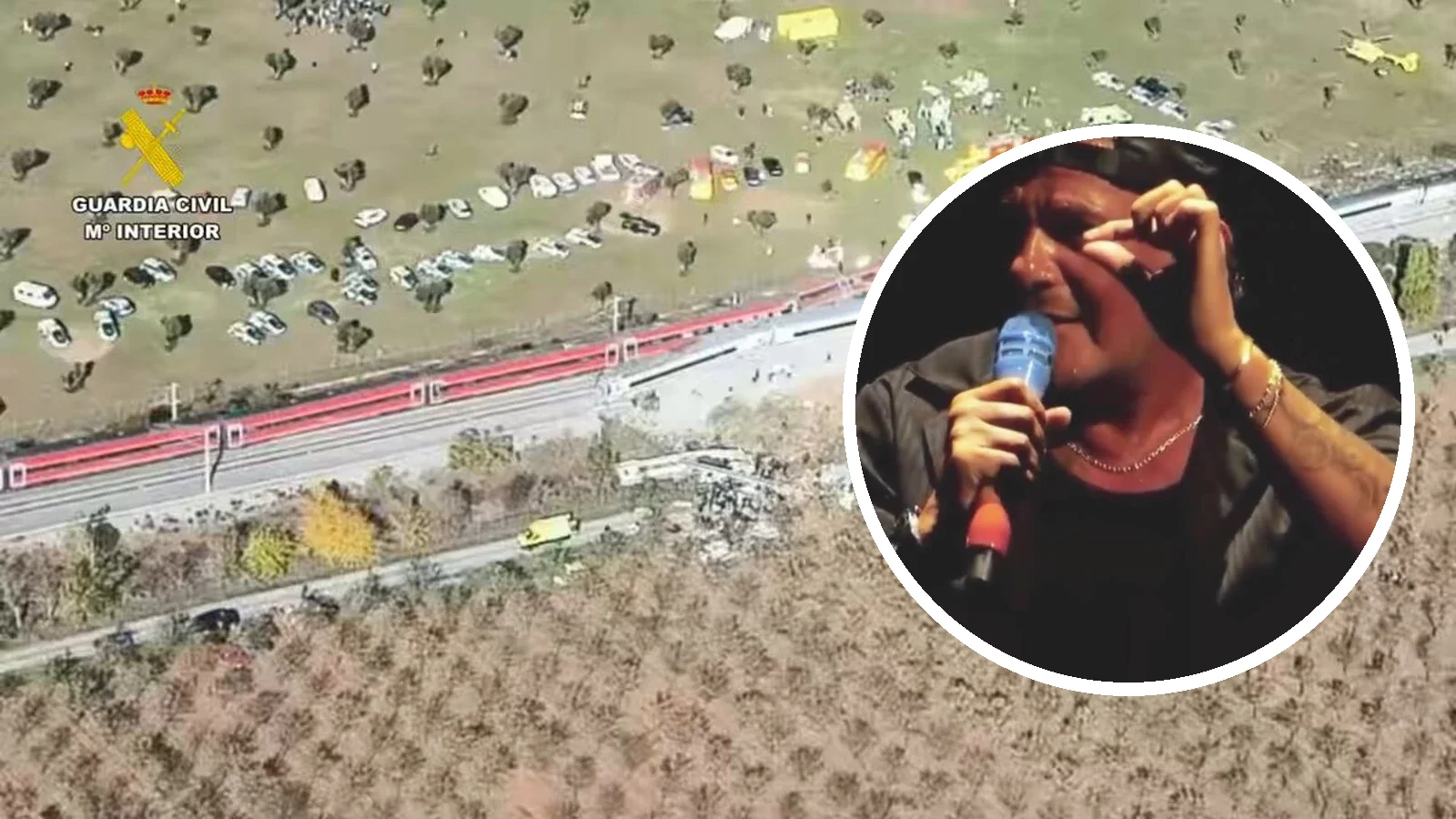 Alejandro Sanz se seca las lágrimas en su concierto de Chiapas, sobre la imagen aérea del accidente de Los Yébenes