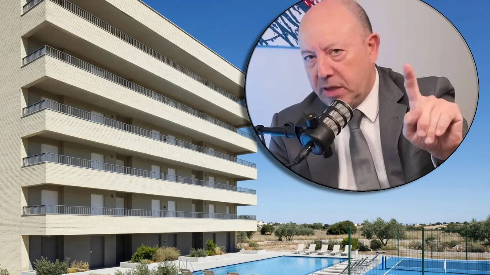 Montaje: edificio de viviendas con piscina y pista de pickleball y, en un círculo, el economista Gonzalo Bernardos