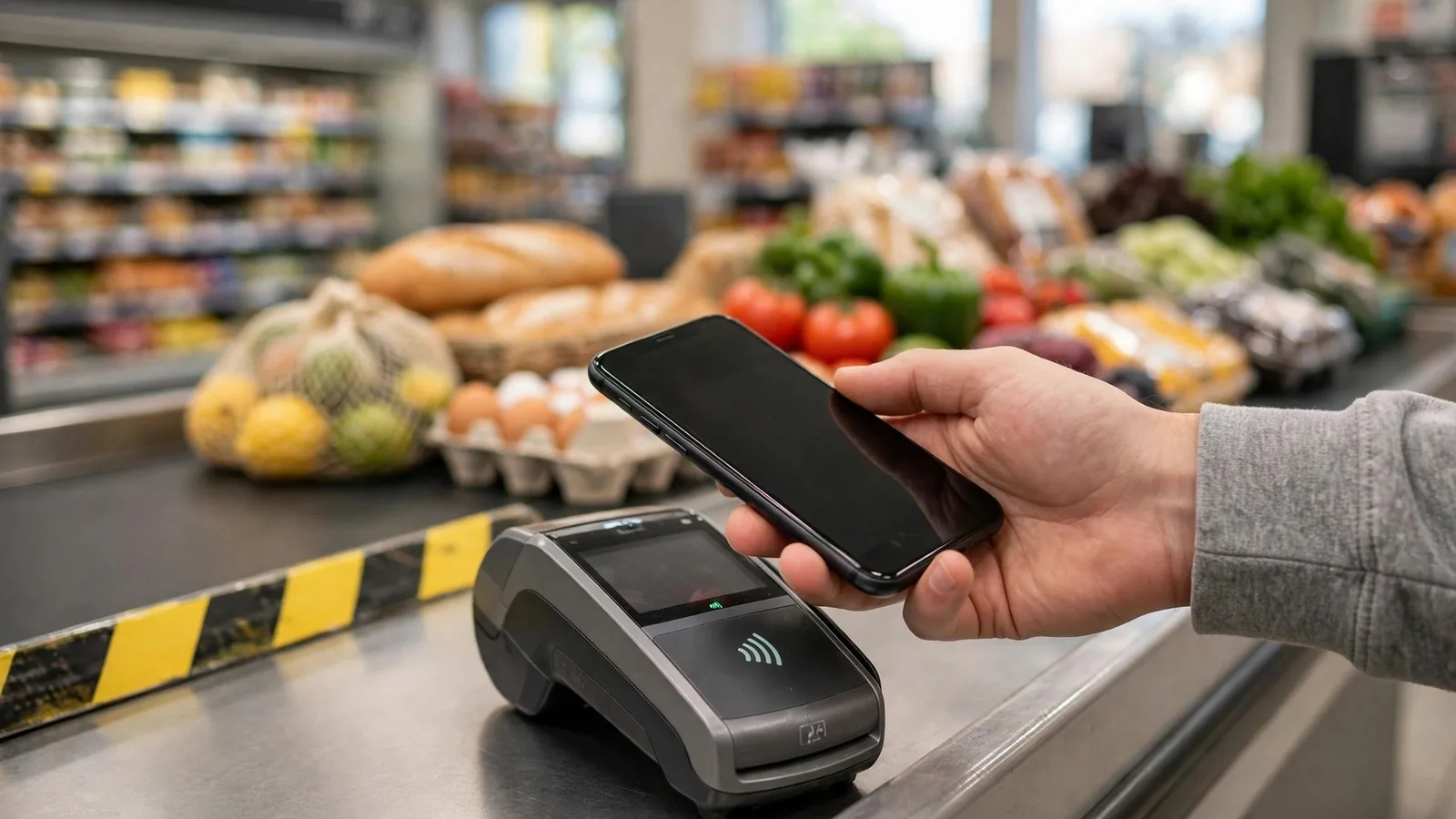 Mano acercando un móvil al datáfono en la caja de un supermercado