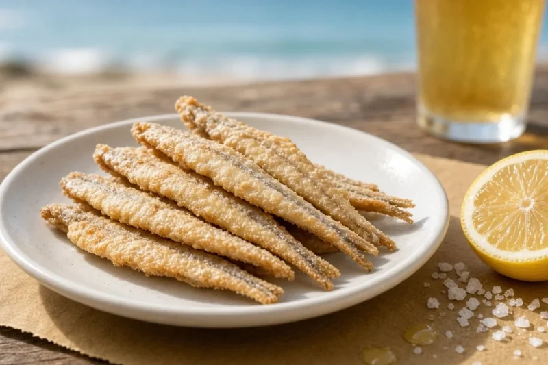 Plato de boquerones fritos con limón junto al mar