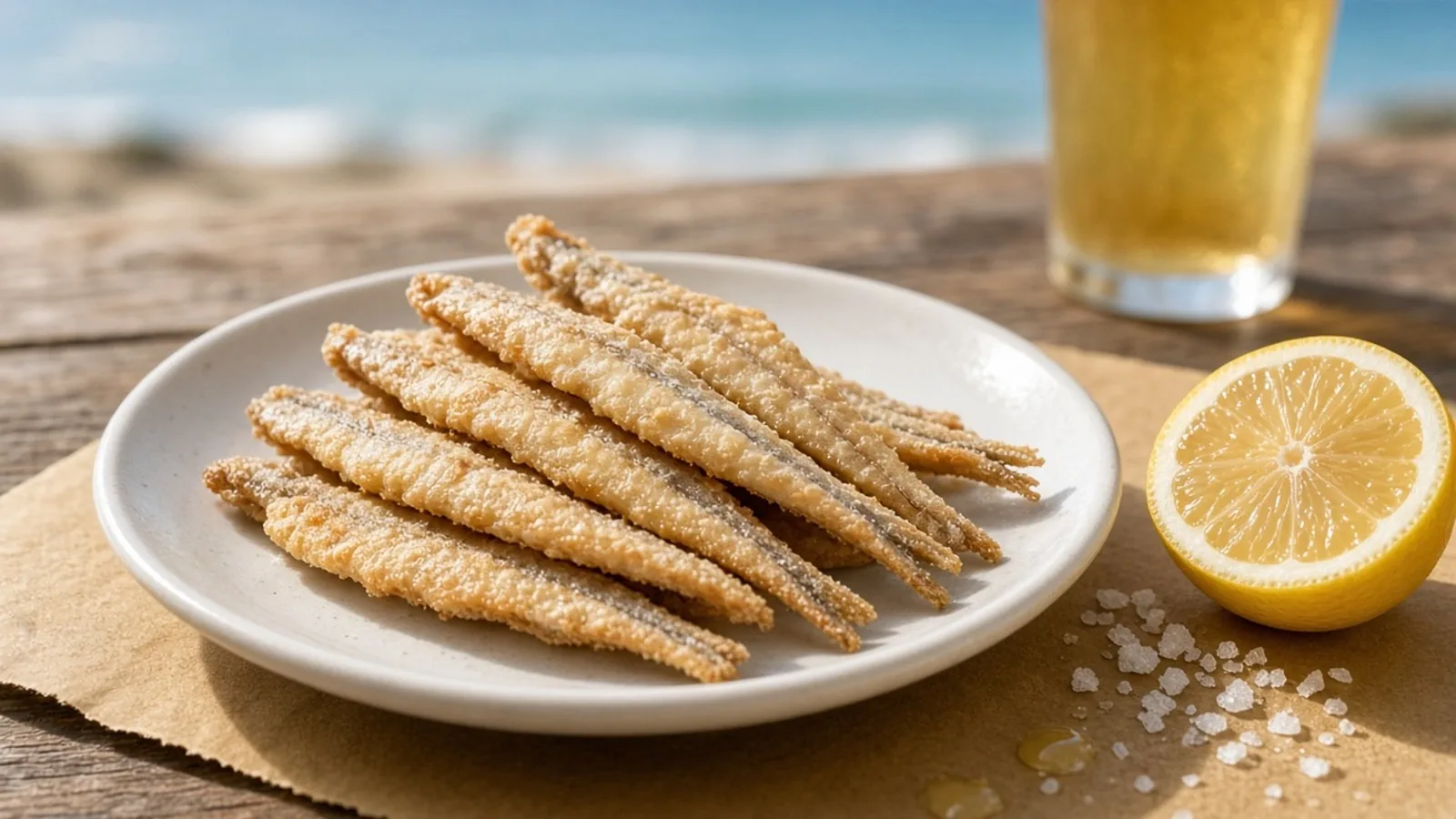 Plato de boquerones fritos con limón junto al mar