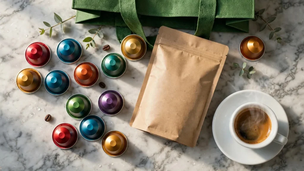 Cápsulas de café, una bolsa de café y una taza de espresso sobre una encimera