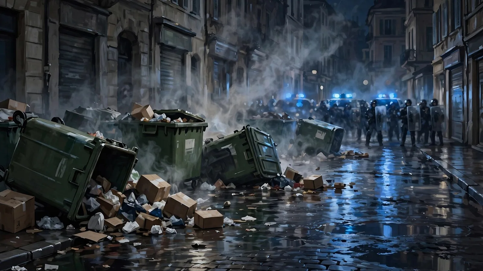 Ilustración de una calle con contenedores volcados y antidisturbios
