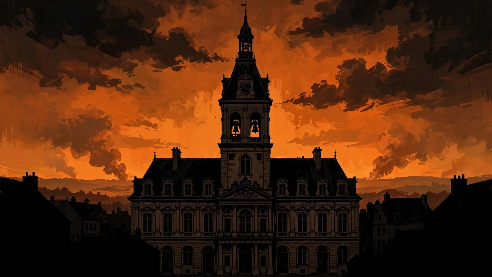 Ilustración de un ayuntamiento francés con campanario
