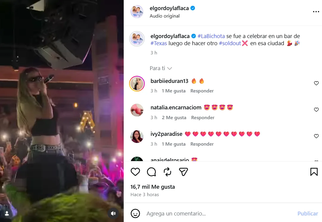 Publicación de El Gordo y la Flaca en Instagram con el vídeo de Karol G en un bar de Texas