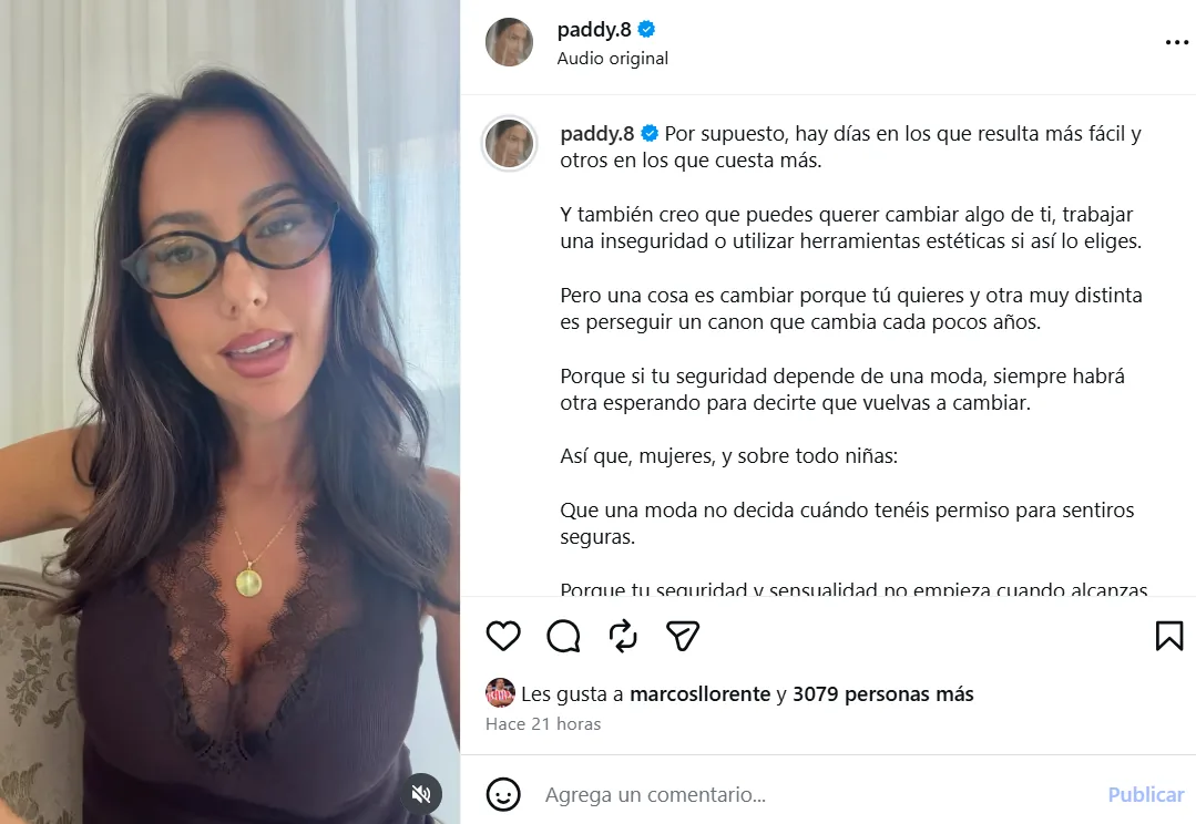 Publicación de Paddy Noarbe en Instagram sobre el canon de belleza