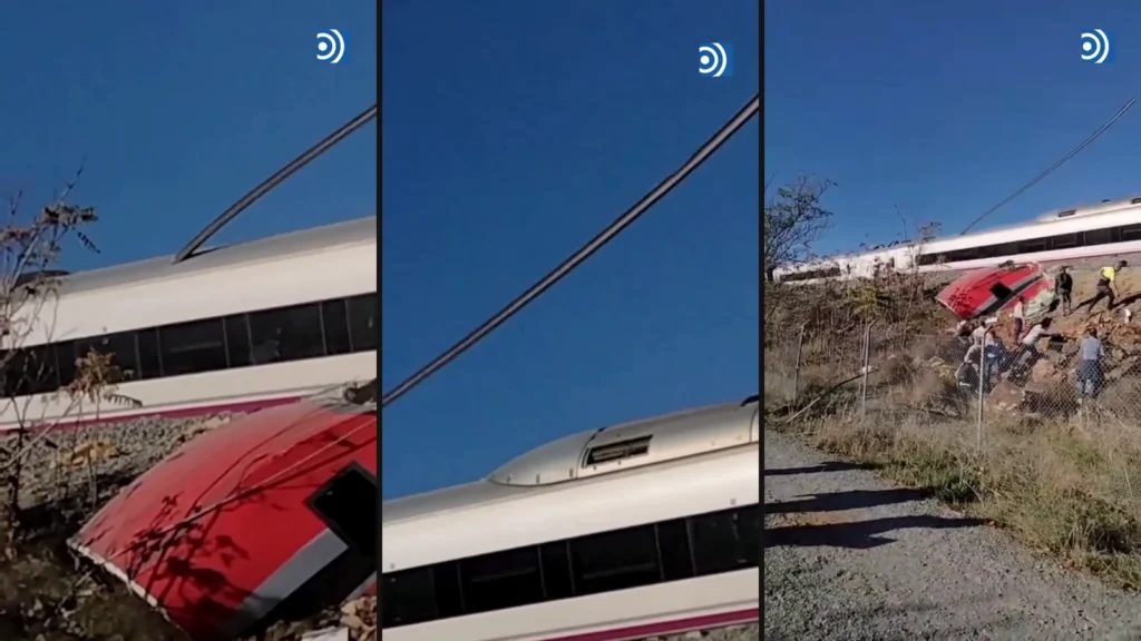 Tres capturas del accidente de Urda: un coche rojo del Iryo volcado, el carril saliendo por el techo del AVE y los pasajeros en el terraplén