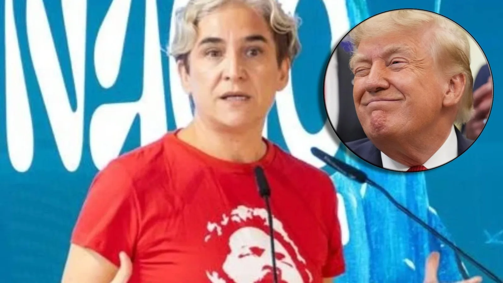 Ada Colau y, en un círculo, Donald Trump