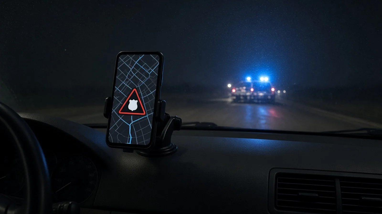 Aviso de policía en un navegador del móvil con un coche patrulla en la carretera