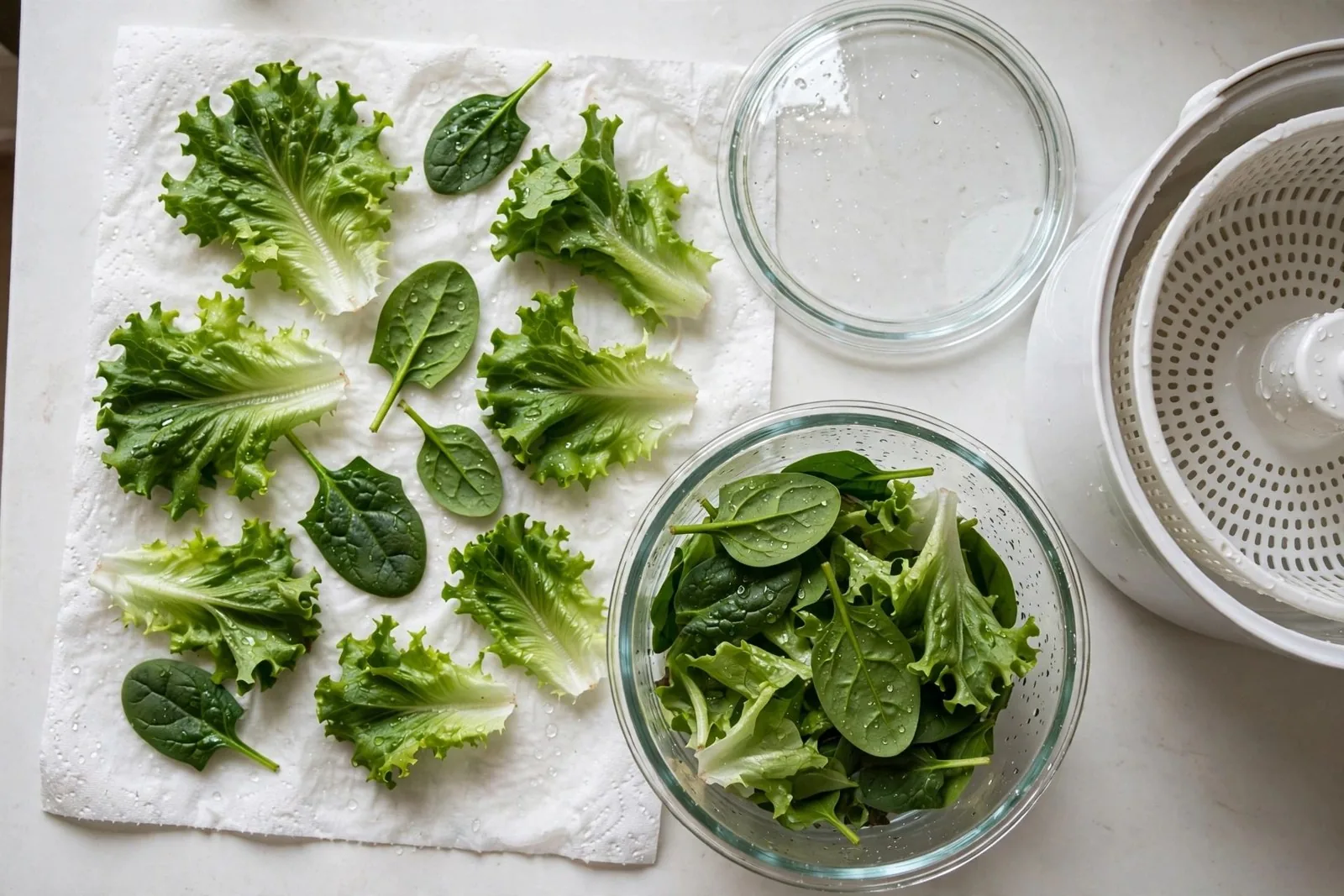 Hojas de lechuga y espinacas lavadas secándose sobre papel de cocina