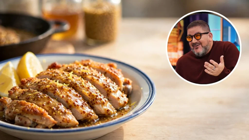 Paillard de pollo con salsa de miel y mostaza y, en un círculo, el chef Dani García