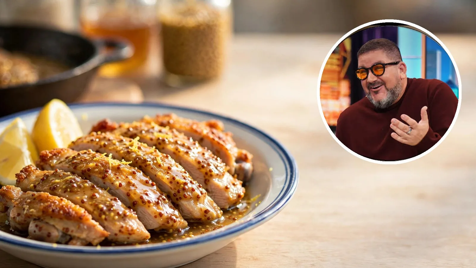 Paillard de pollo con salsa de miel y mostaza y, en un círculo, el chef Dani García