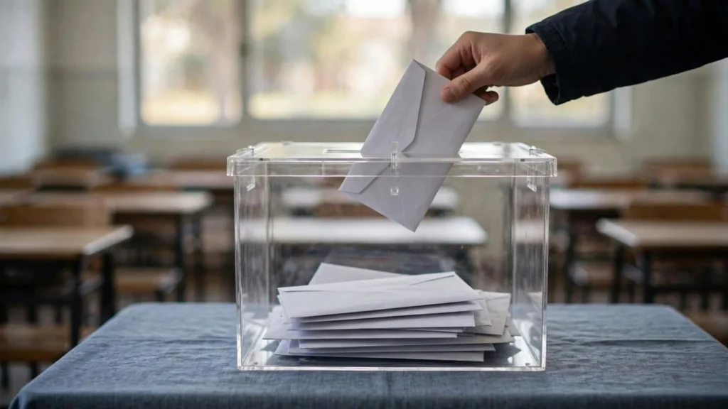 Mano introduciendo un sobre en una urna transparente