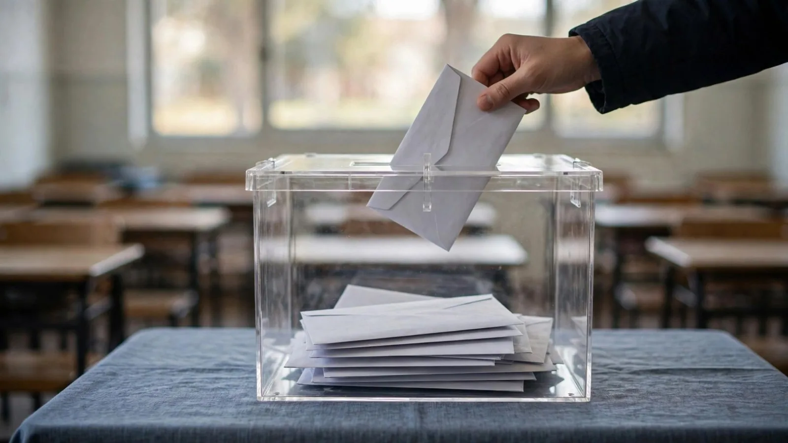 Mano introduciendo un sobre en una urna transparente