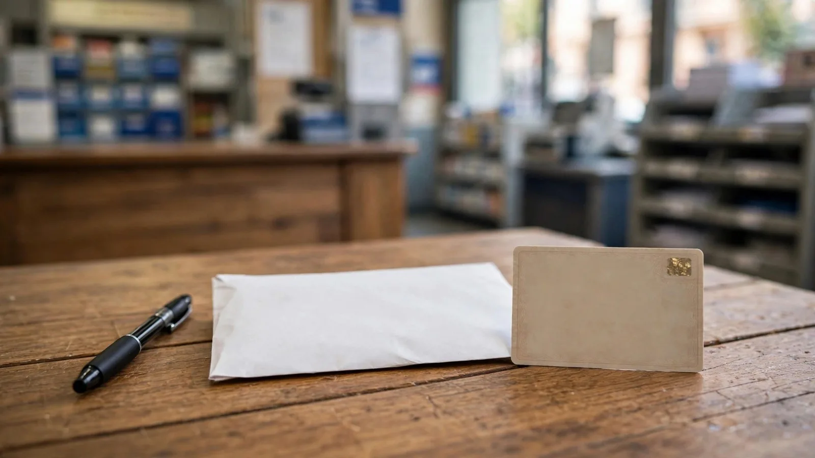 Sobre blanco, tarjeta y bolígrafo sobre una mesa de una oficina de correos