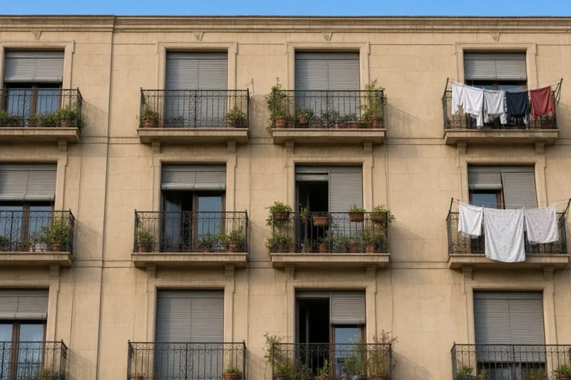 Fachada de un bloque de viviendas con balcones y ropa tendida