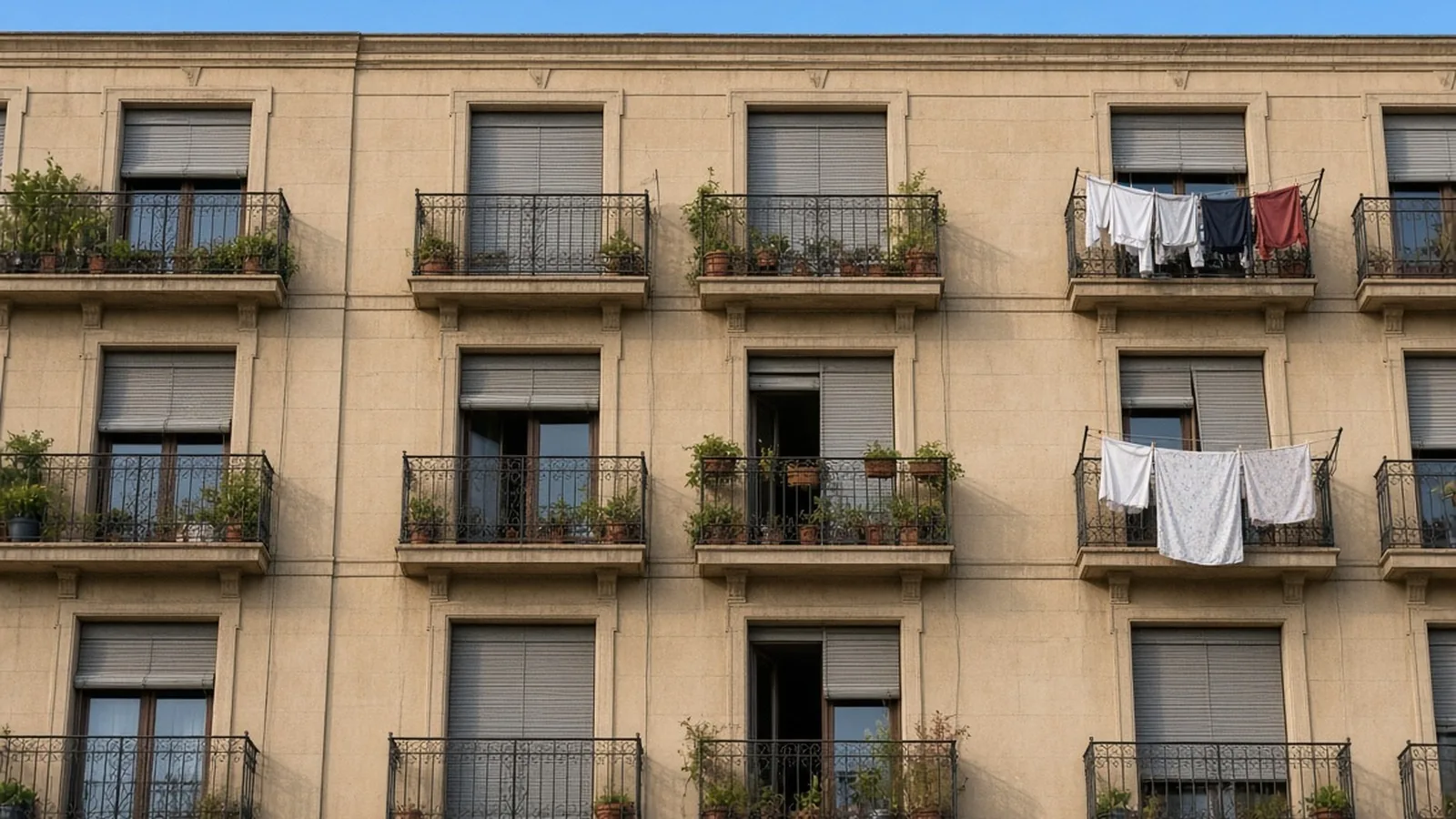 Fachada de un bloque de viviendas con balcones y ropa tendida