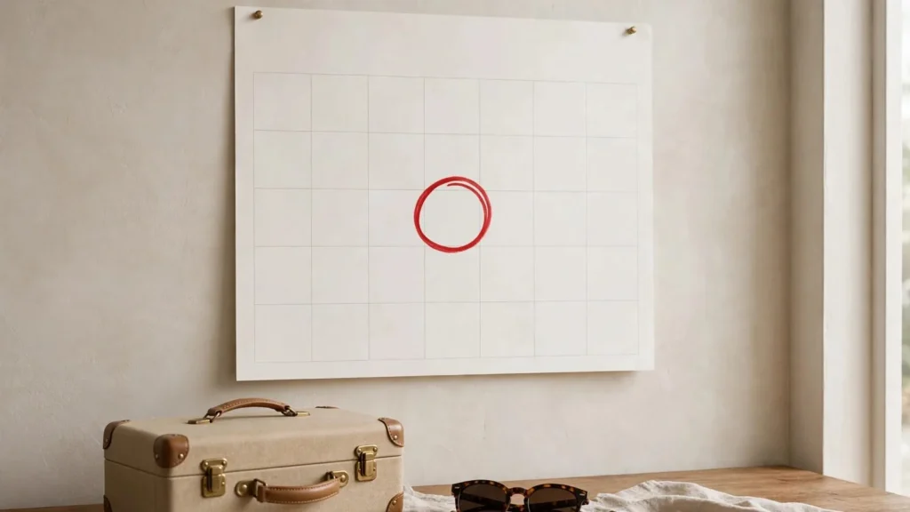 Calendario de pared con un día marcado en rojo junto a una maleta y unas gafas de sol