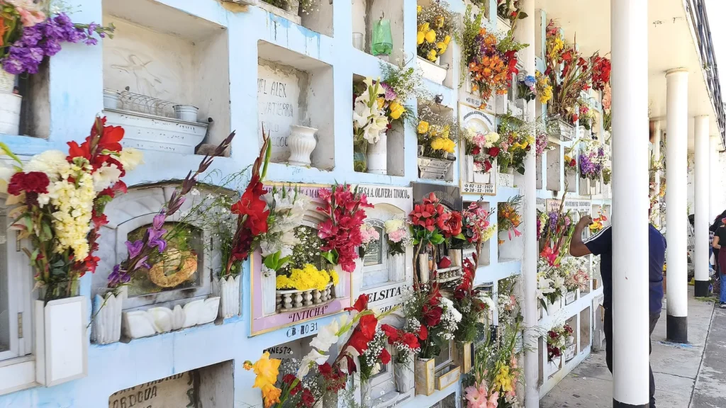 Nichos de un cementerio adornados con ramos de flores