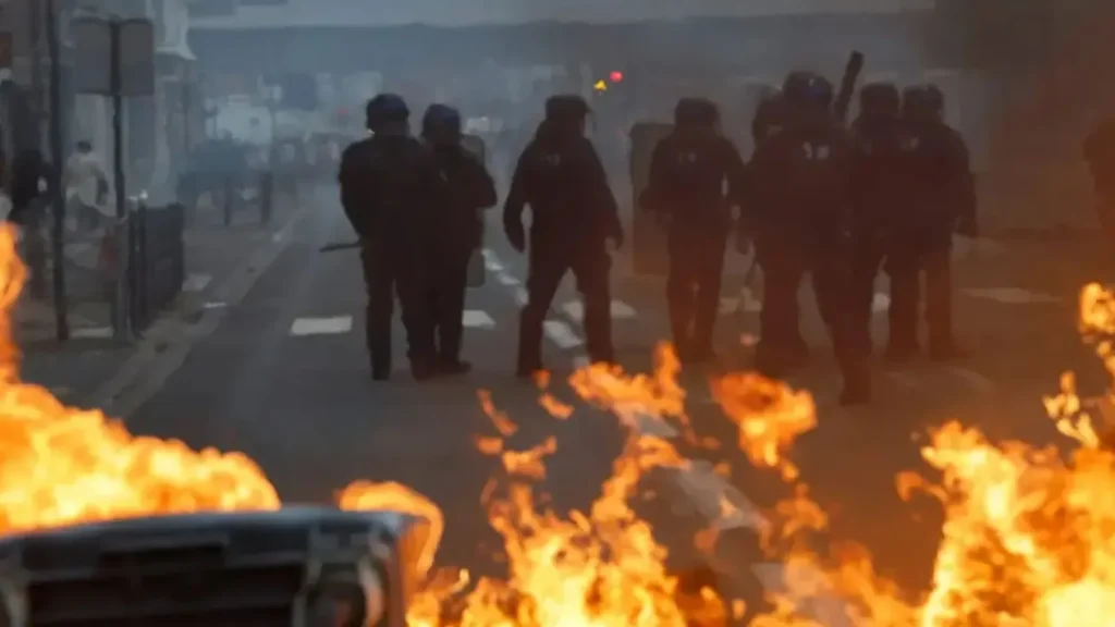 Policías antidisturbios entre contenedores en llamas durante las protestas en Francia