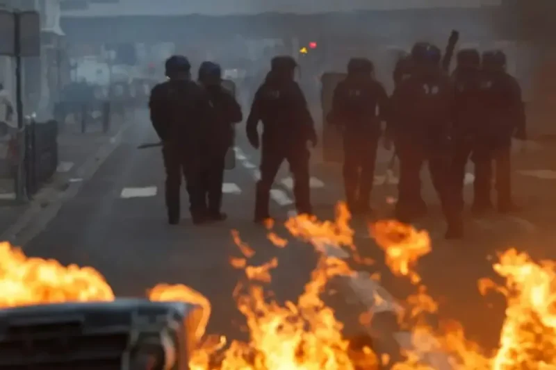 Policías antidisturbios entre contenedores en llamas durante las protestas en Francia
