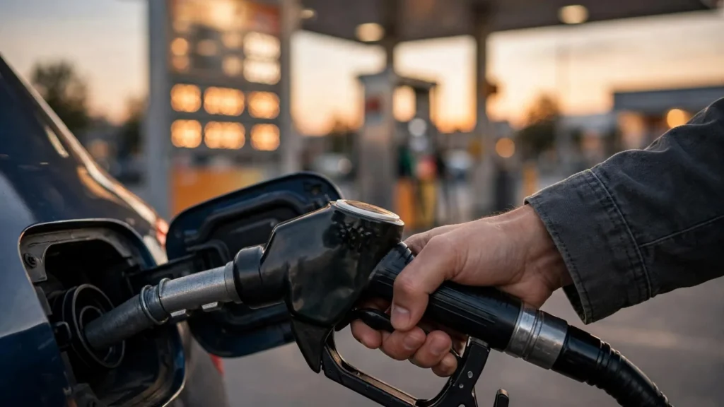 Mano sujetando la manguera de un surtidor mientras reposta un coche en una gasolinera al atardecer