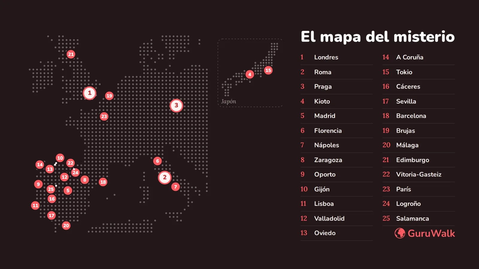 Mapa con las 25 ciudades del ranking de free tours de misterio de GuruWalk para Halloween 2026