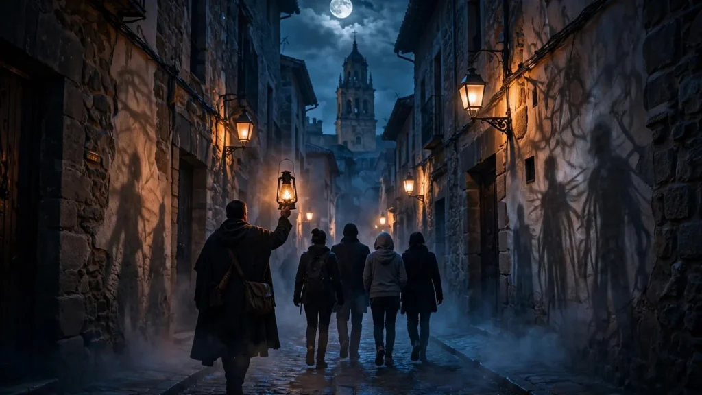 Grupo siguiendo a un guía con un farol por un callejón empedrado con niebla y luna llena