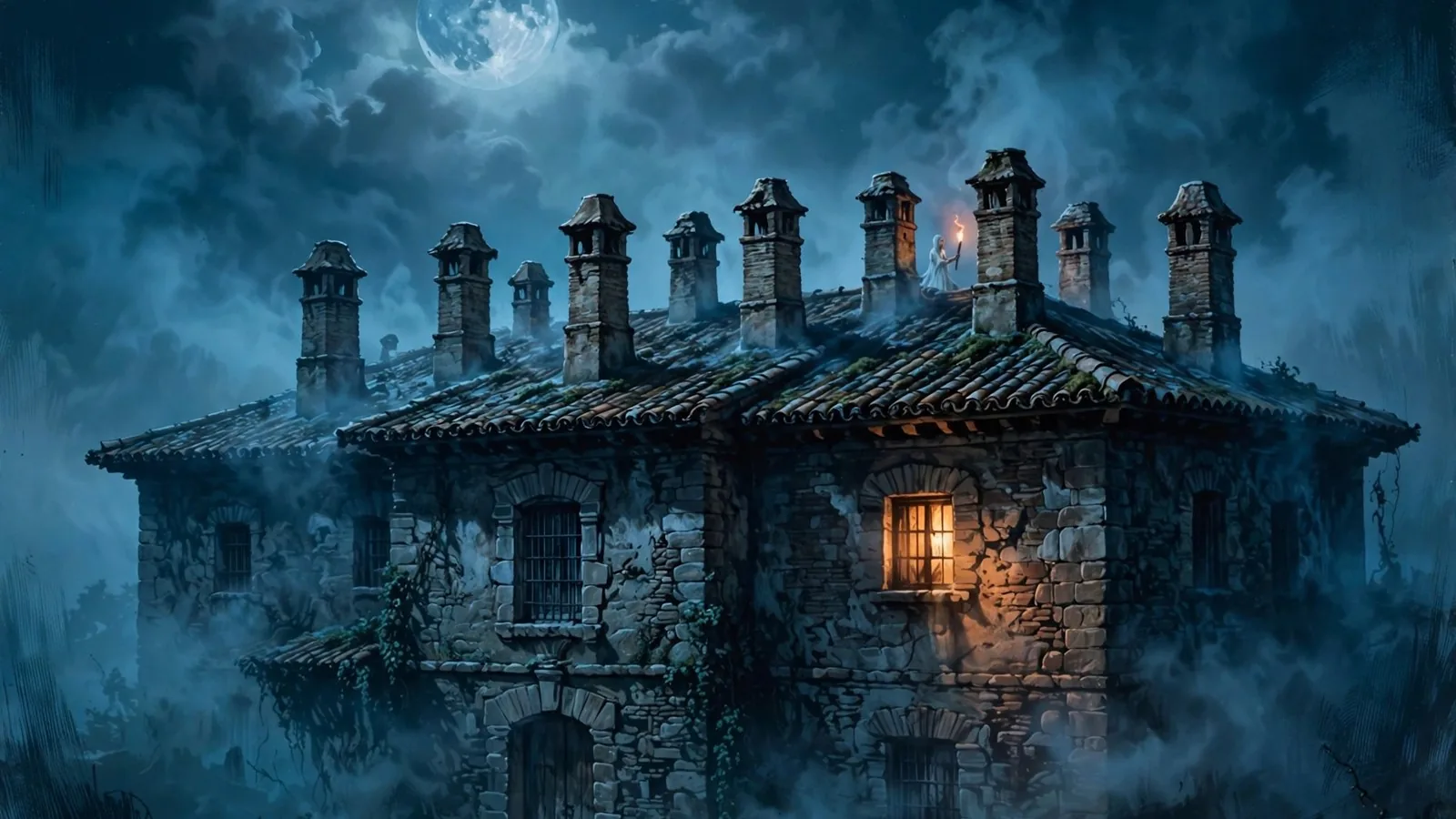 Ilustración de una casona de piedra de noche con chimeneas, luna llena, niebla y una figura de blanco con una antorcha en el tejado