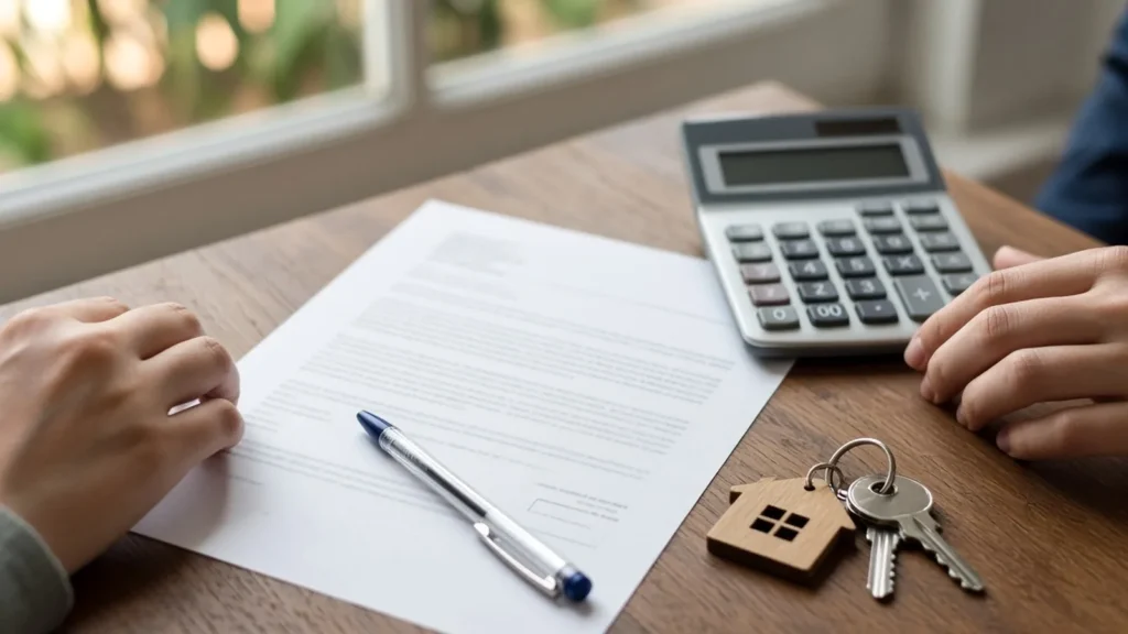 Contrato de compraventa, calculadora y llaves sobre una mesa