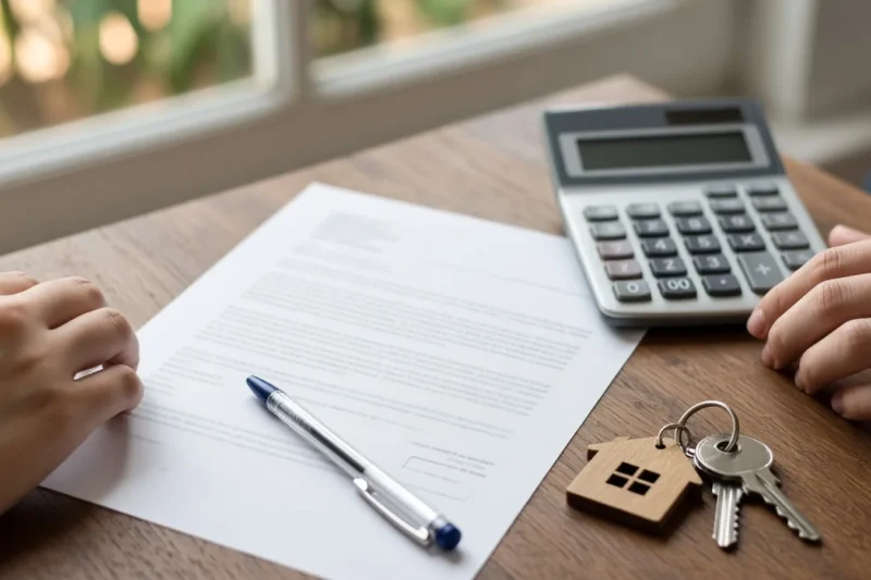 Contrato de hipoteca, calculadora y llaves sobre una mesa