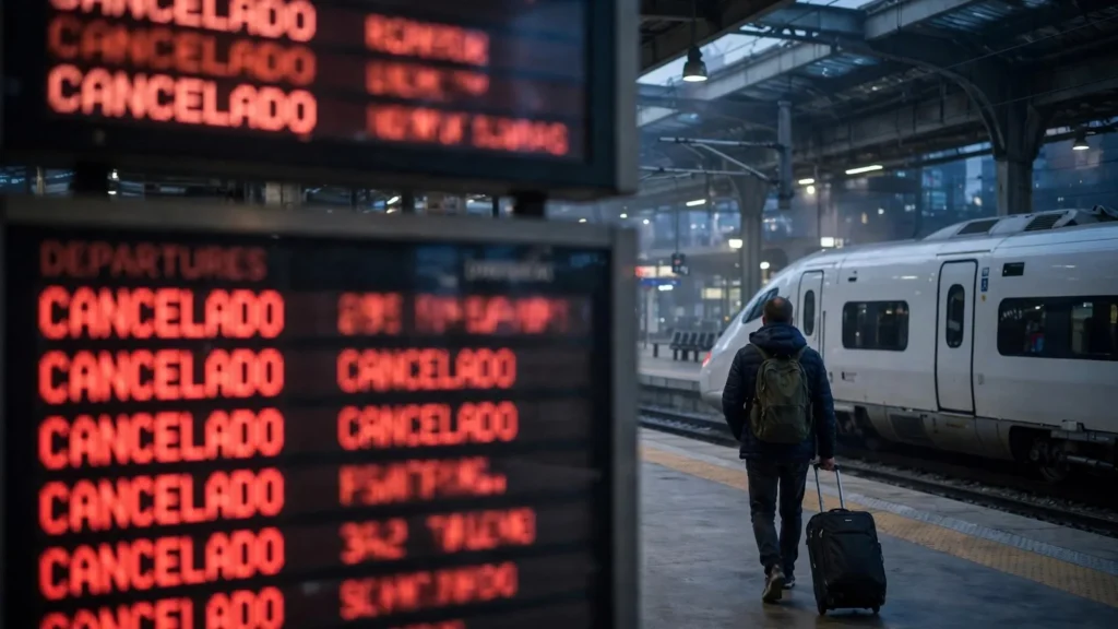 Paneles de salidas con trenes cancelados y un viajero con maleta en el andén