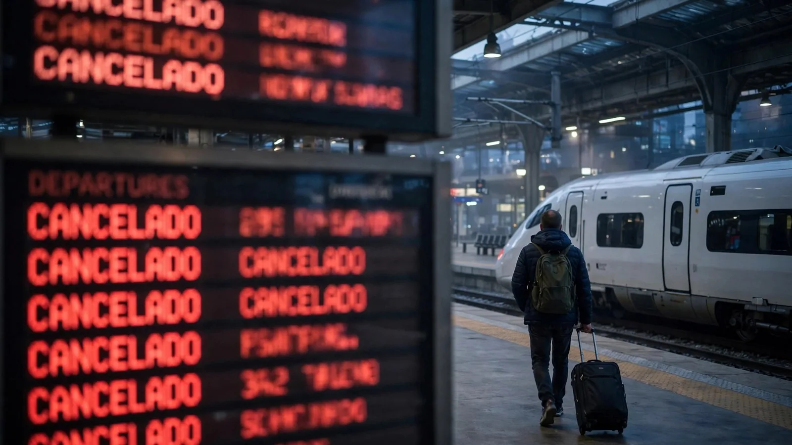 Paneles de salidas con trenes cancelados y un viajero con maleta en el andén
