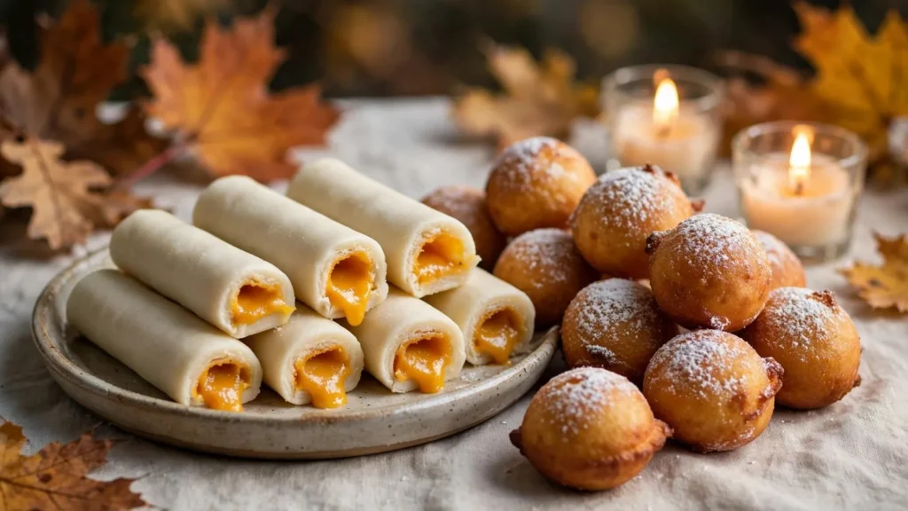 Huesos de santo rellenos de yema y buñuelos con azúcar glas sobre un mantel con velas y hojas de otoño