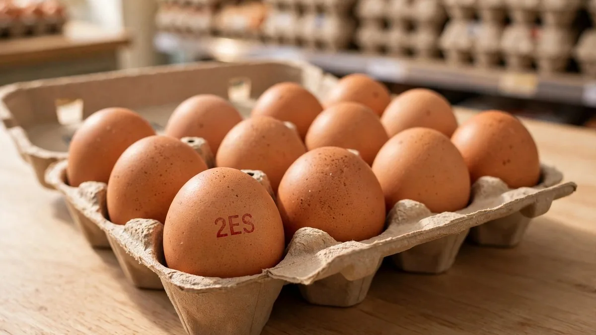 Docena de huevos en su cartón con el código 2ES impreso en uno de ellos