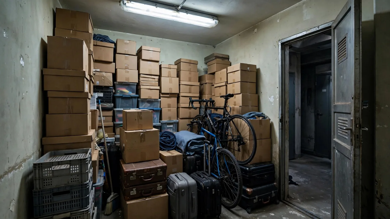 Trastero de un garaje comunitario lleno de cajas, maletas y una bicicleta